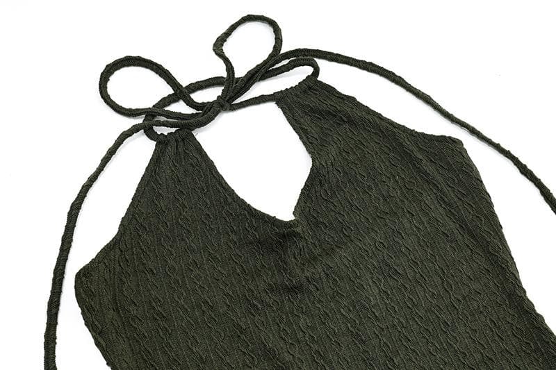 Ruffle halter textured hollow out self tie solid mini dress