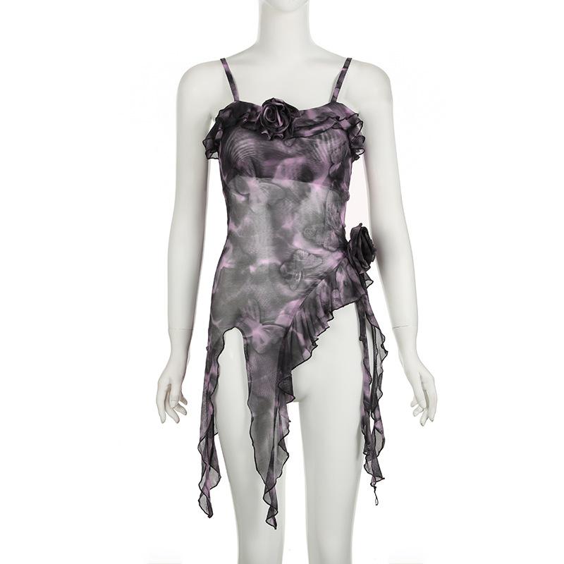Ruffle sheer mesh print flower applique cami top