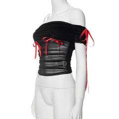Sheer mesh see through bowknot irregular off shoulder top