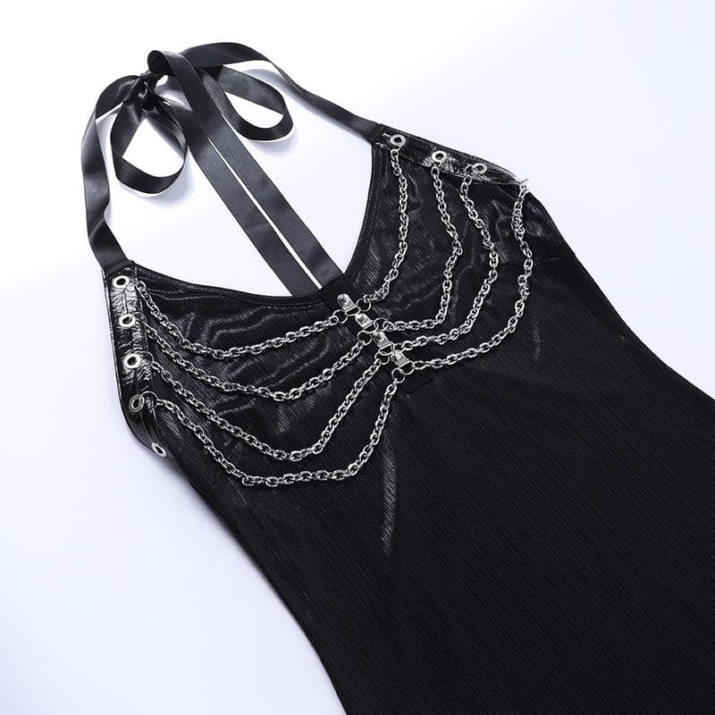 Metal chain halter self tie backless slit midi dress