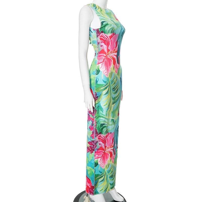 Print stitch backless hollow out tank cut out maxi dress