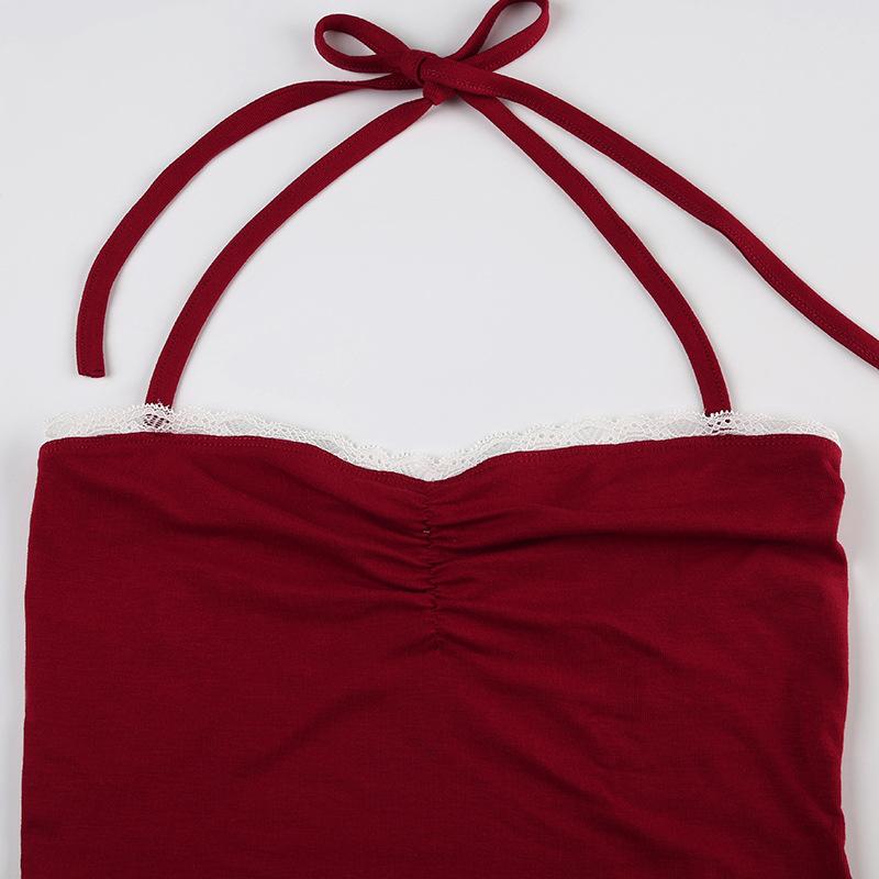 Halter ruched lace hem backless solid top