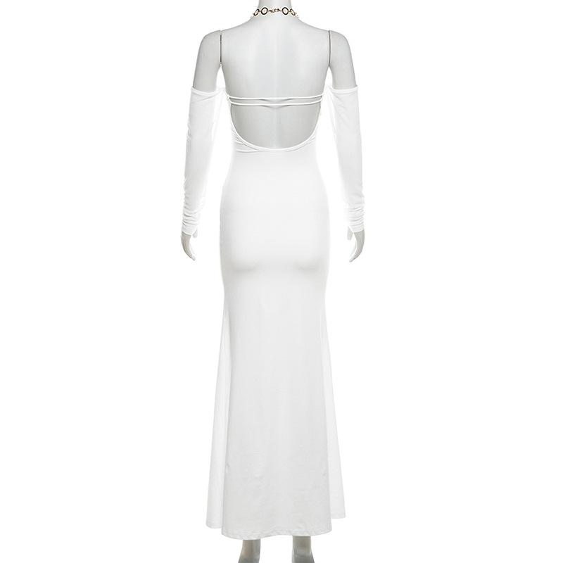 Halter o ring hollow out gloves metal chain mesh maxi dress