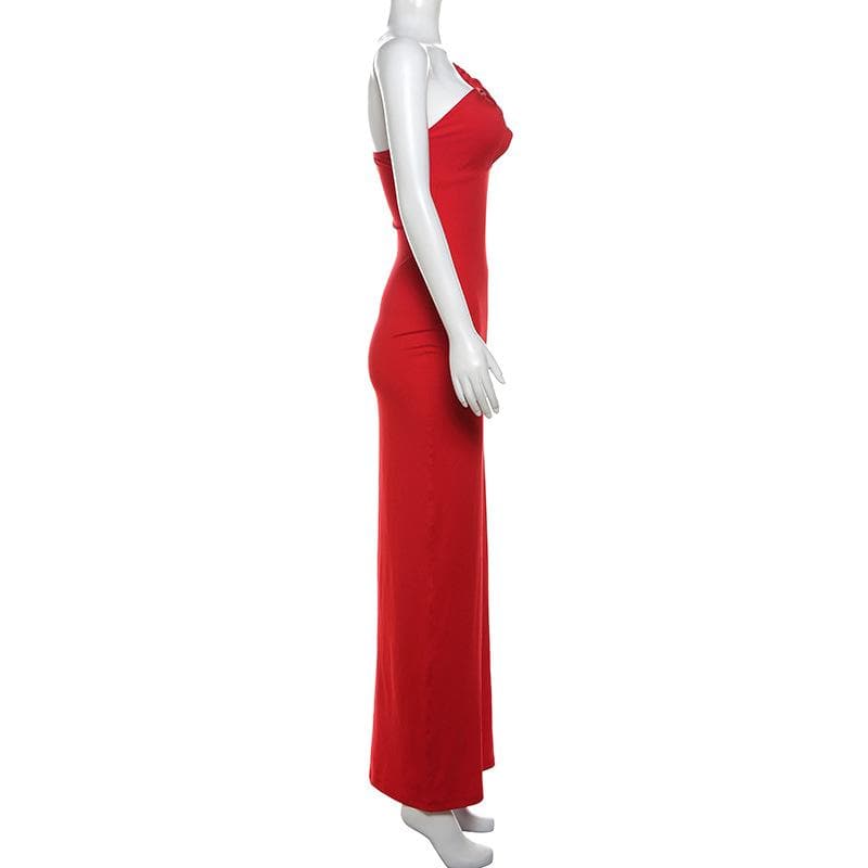 One shoulder ruched hollow out solid cami cut out maxi dress  | red tango dress
