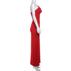 One shoulder ruched hollow out solid cami cut out maxi dress  | red tango dress