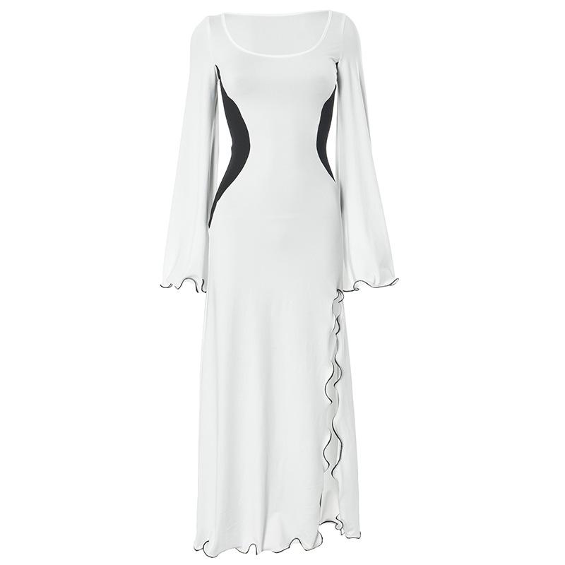 Long flared sleeve u neck slit ruffle maxi dress