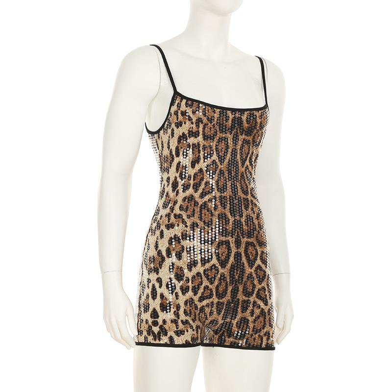 Leopard print u neck glitter cami romper