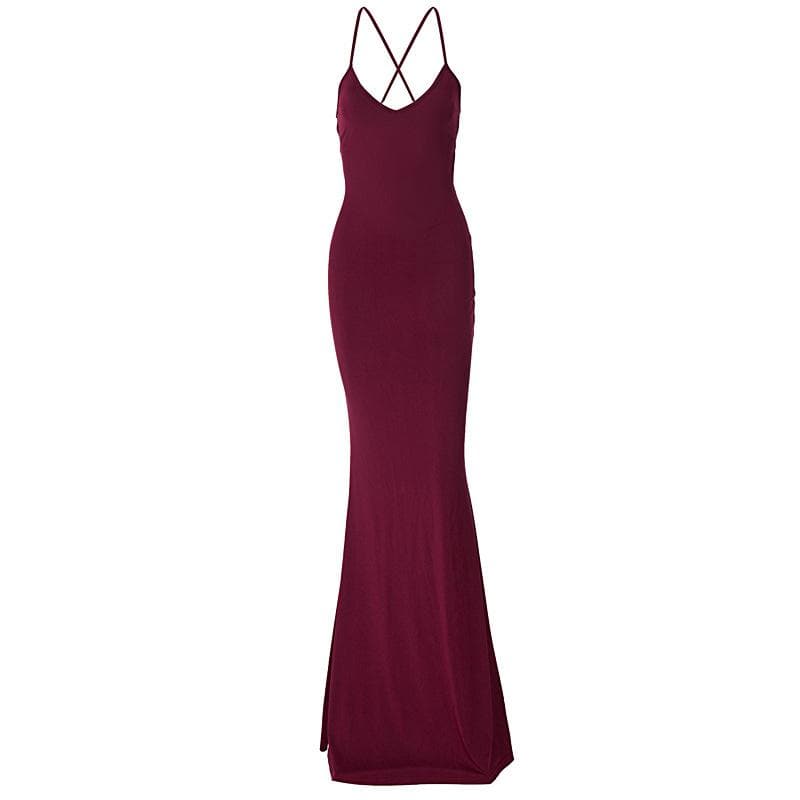 Ruched solid backless cross back v neck lace up maxi dress  | red tango dress