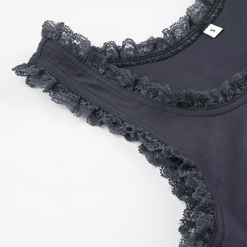 U neck lace hem bowknot pattern contrast tank top