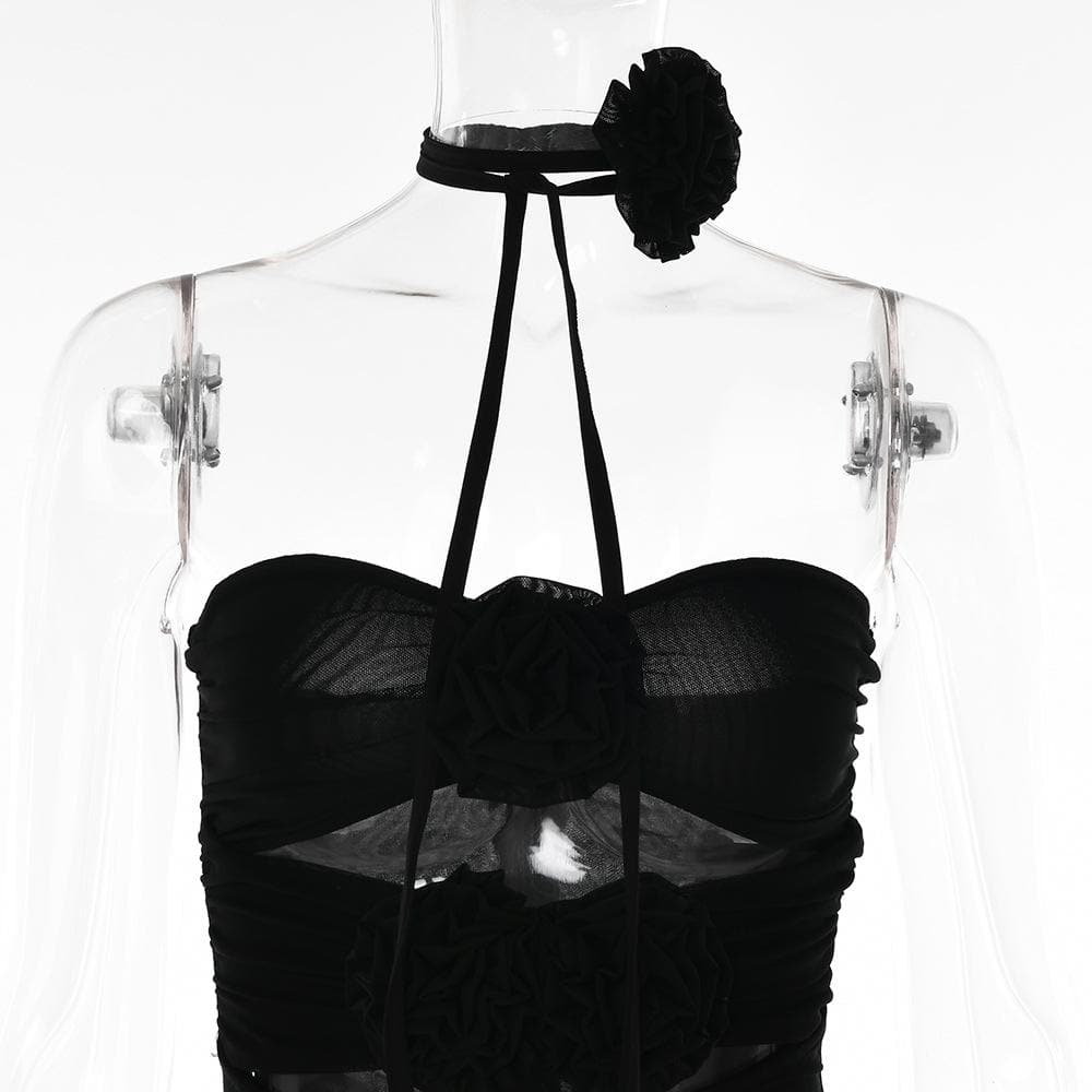 Flower applique sheer mesh hollow out solid backless zip-up slit tube midi dress  | samba dress