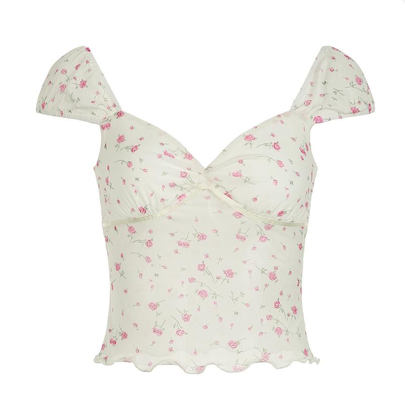Short puff sleeve rose print lace hem ruched top