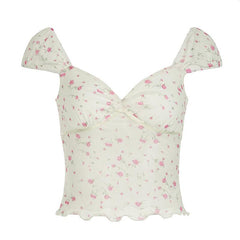 Short puff sleeve rose print lace hem ruched top