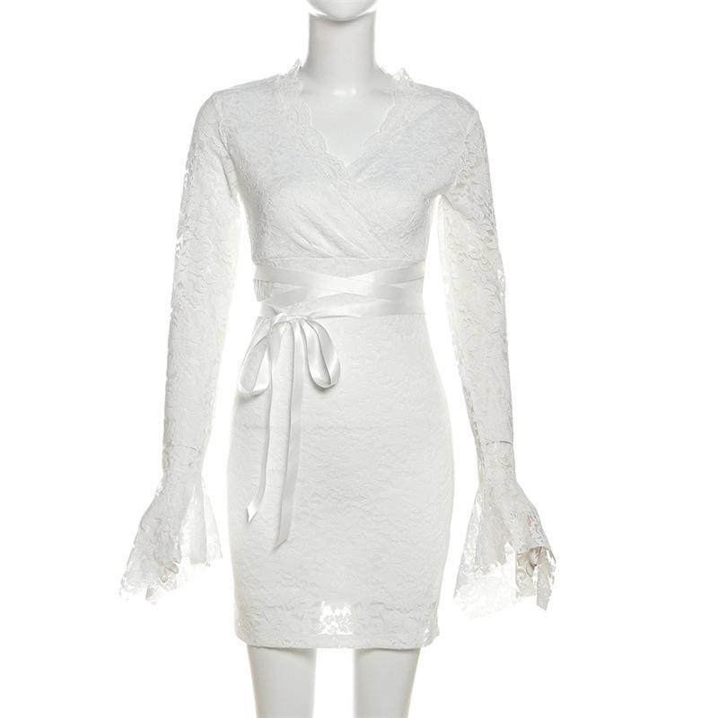 Long flared sleeve v neck lace self tie mini dress