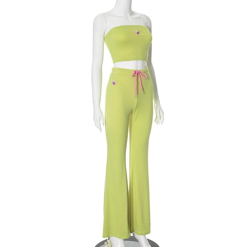 Flower embroidery drawstring ruched tube pant set