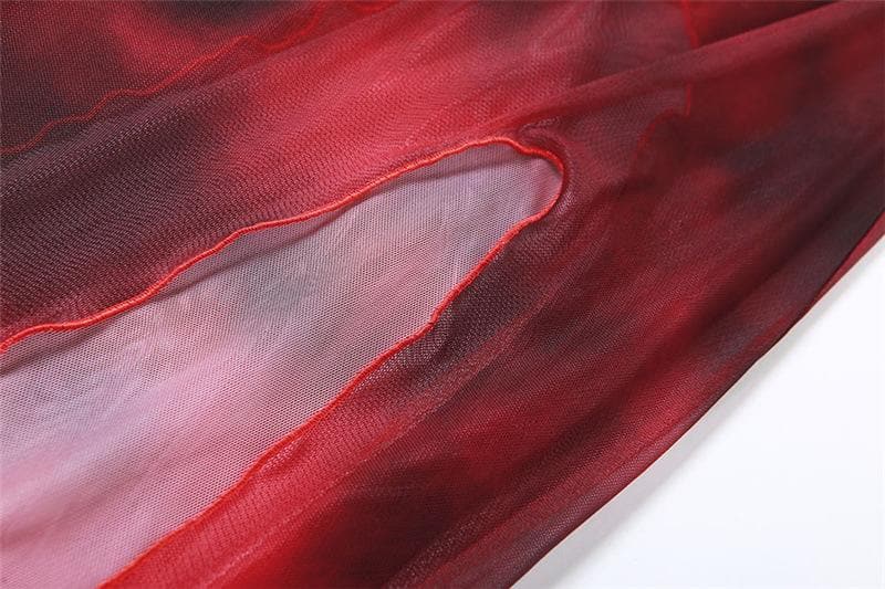 Sheer mesh see through sleeveless contrast print slit midi dress  | red tango dress  | samba dress