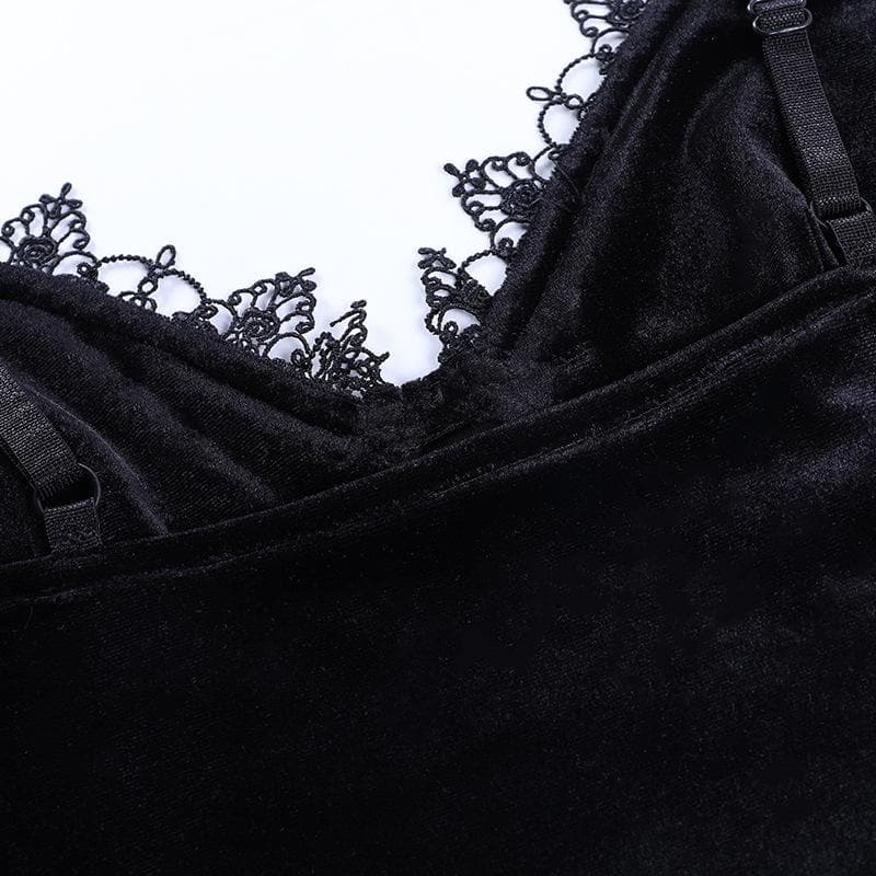 Velvet eyelash lace hem cross applique V neck crop top