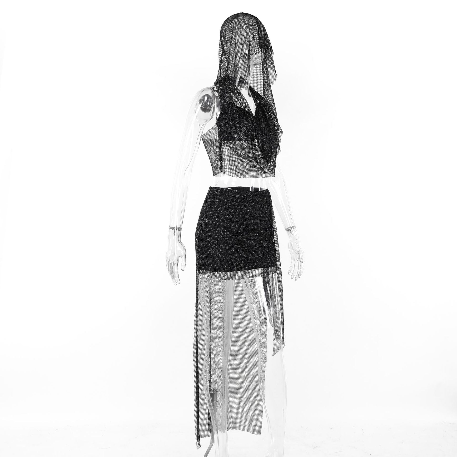Hoodie halter mesh glitter 2 piece mini skirt set