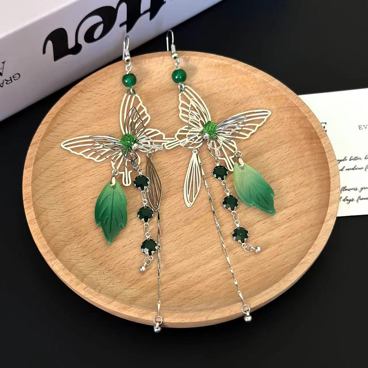 Butterfly pendant green rhinestone drop earrings