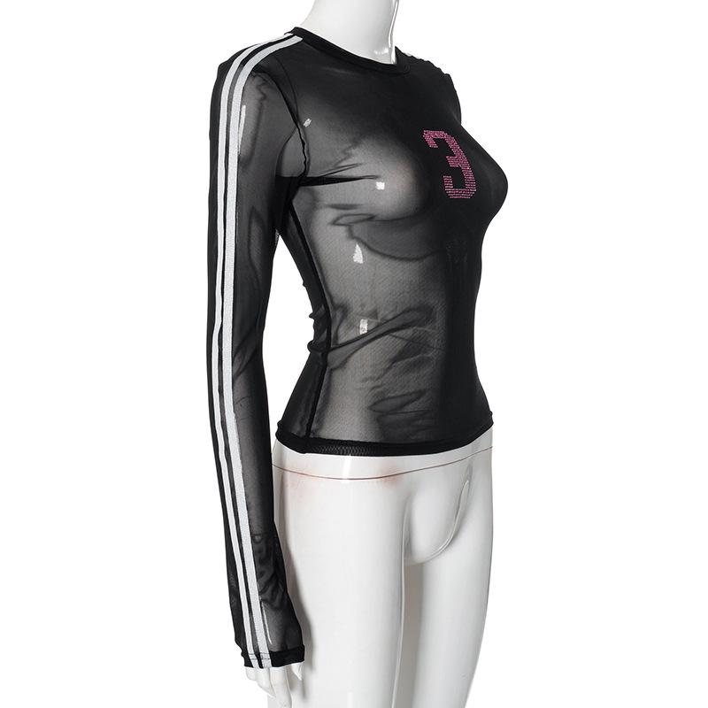 Long sleeve crewneck mesh beaded top
