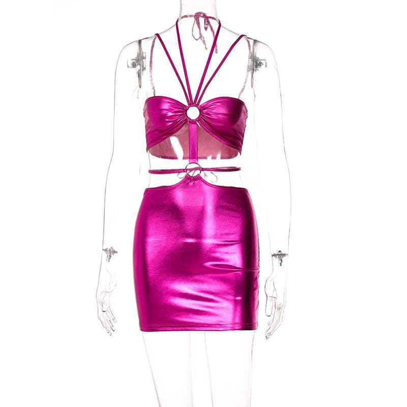 Metallic o ring halter self tie backless hollow out mini dress  | red tango dress
