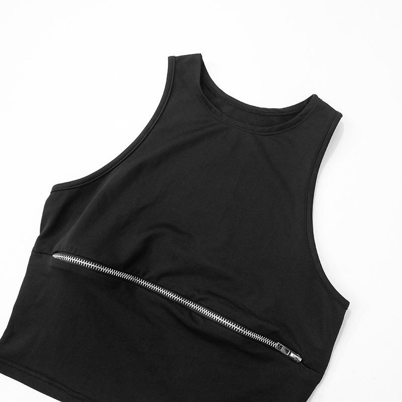 Crewneck zip-up hollow out solid tank top