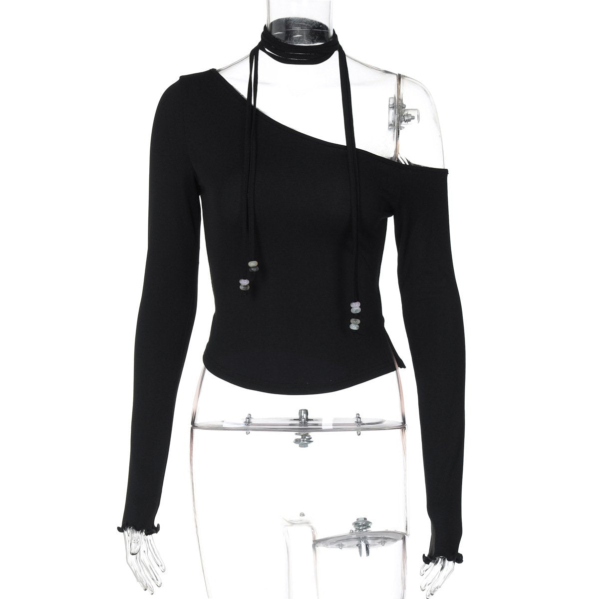 Halter one shoulder long sleeve beaded solid top