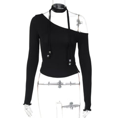 Halter one shoulder long sleeve beaded solid top