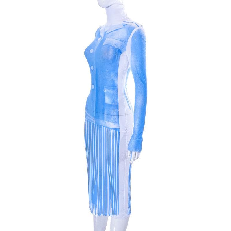 Sheer mesh see through turtle neck long sleeve contrast print midi dress  | samba dress
