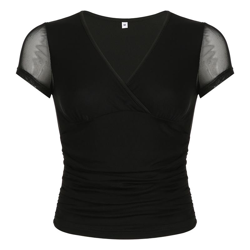 Short sleeve v neck mesh ruched solid top