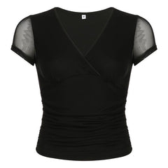 Short sleeve v neck mesh ruched solid top