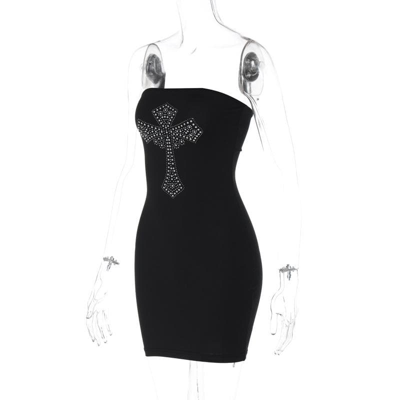 Cross pattern beaded backless tube mini dress  | black rave dress