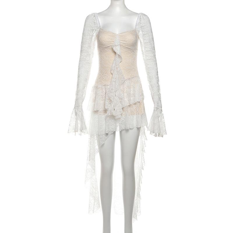 Long flared sleeve lace ruffle mini dress