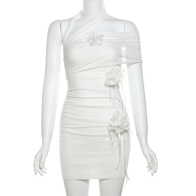 Halter flower applique mesh mini dress