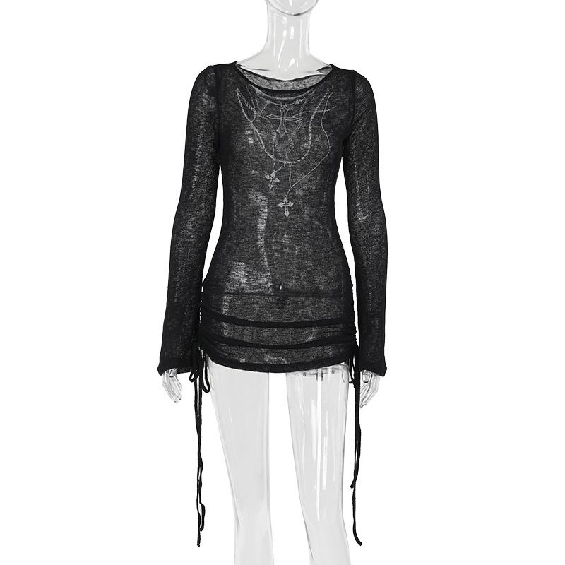 Long sleeve drawstring cross pattern knitted top
