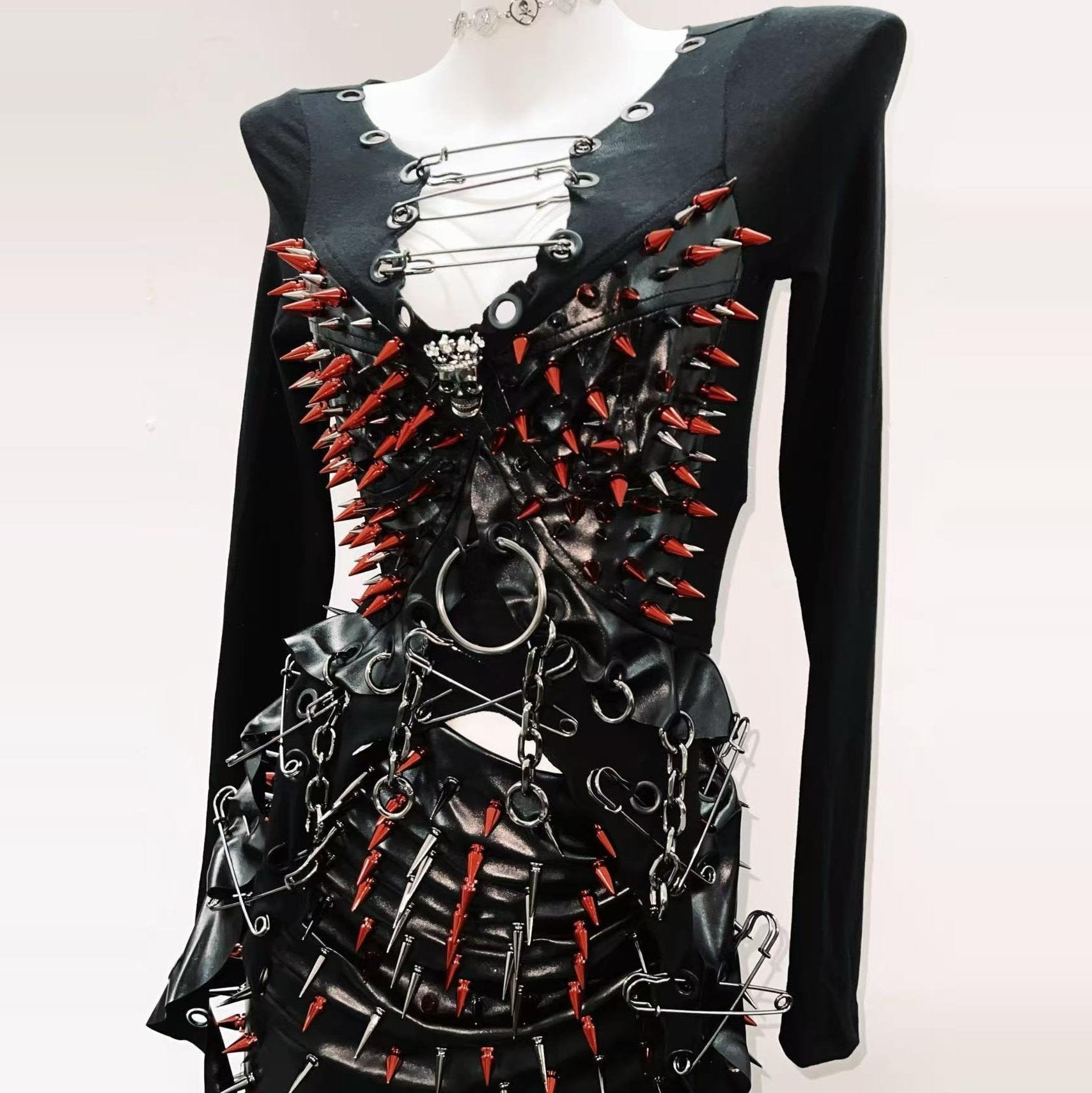 Long sleeve rivet metal chain PU leather mini skirt set