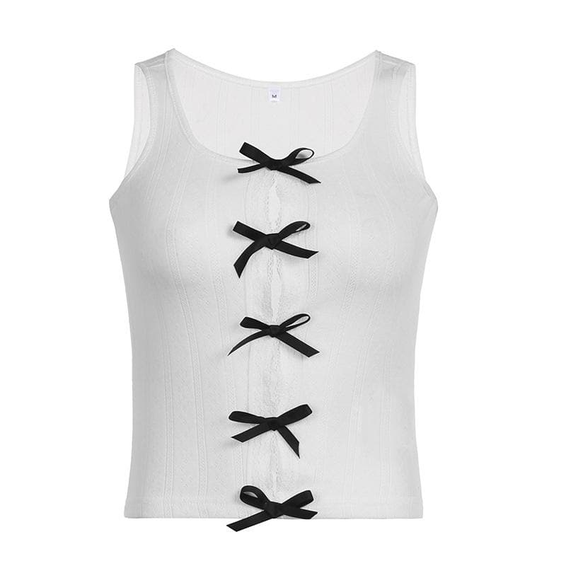 Bowknot hollow out contrast sleeveless textured cut out top