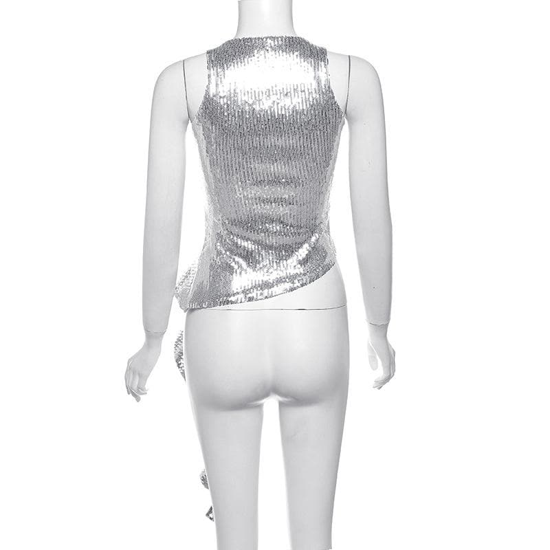 Crewneck glitter hollow out ruffle irregular crop cut out top