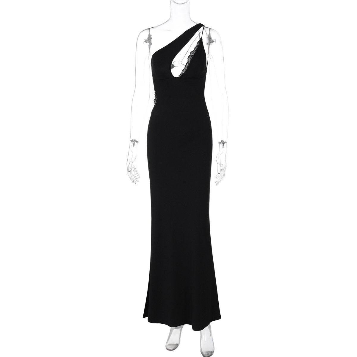 One shoulder o ring lace hem backless maxi dress