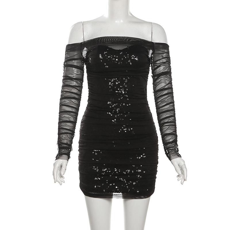 Off shoulder glitter long sleeve mesh ruched mini dress