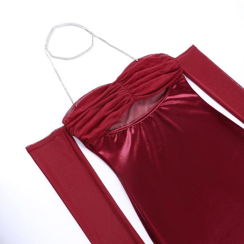 Mesh gloves solid halter ruched hollow out off shoulder mini dress  | red tango dress