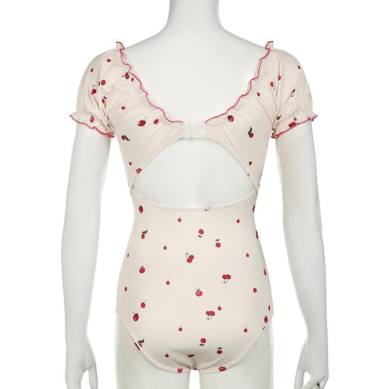 Short puff sleeve knotted ruched cherry print bodysuit