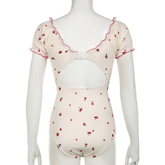 Short puff sleeve knotted ruched cherry print bodysuit