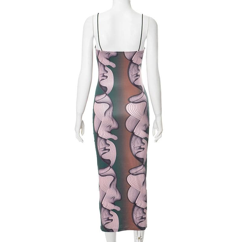 U neck abstract print contrast cami midi dress