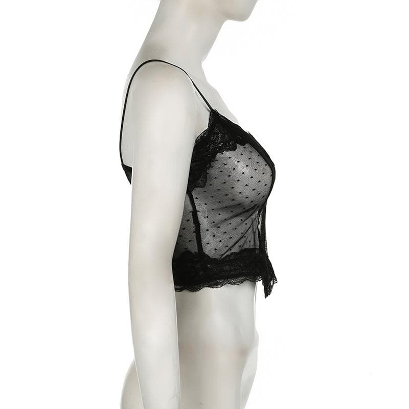 Mesh stitch see through lace hem polka dot cami top