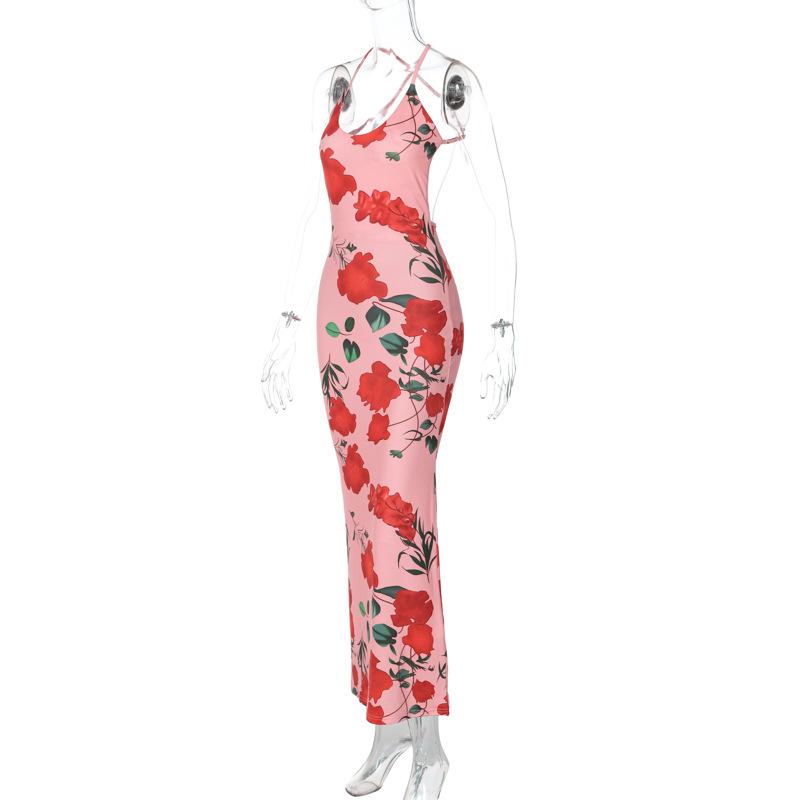 Flower print u neck cross back backless cami midi dress