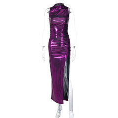 Sleeveless high neck metallic ruched high slit midi dress  | red tango dress