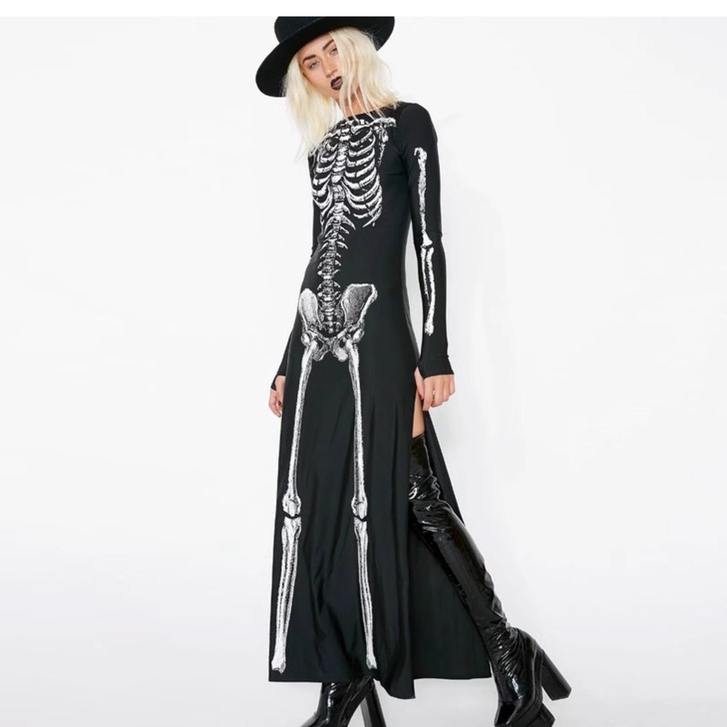Long sleeve slit human skeleton print maxi dress