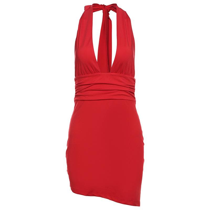 Halter deep v neck ruched backless mini dress  | red tango dress