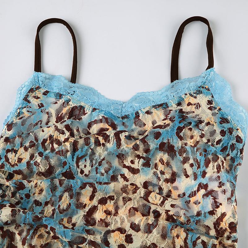Lace leopard print irregular knotted cami top