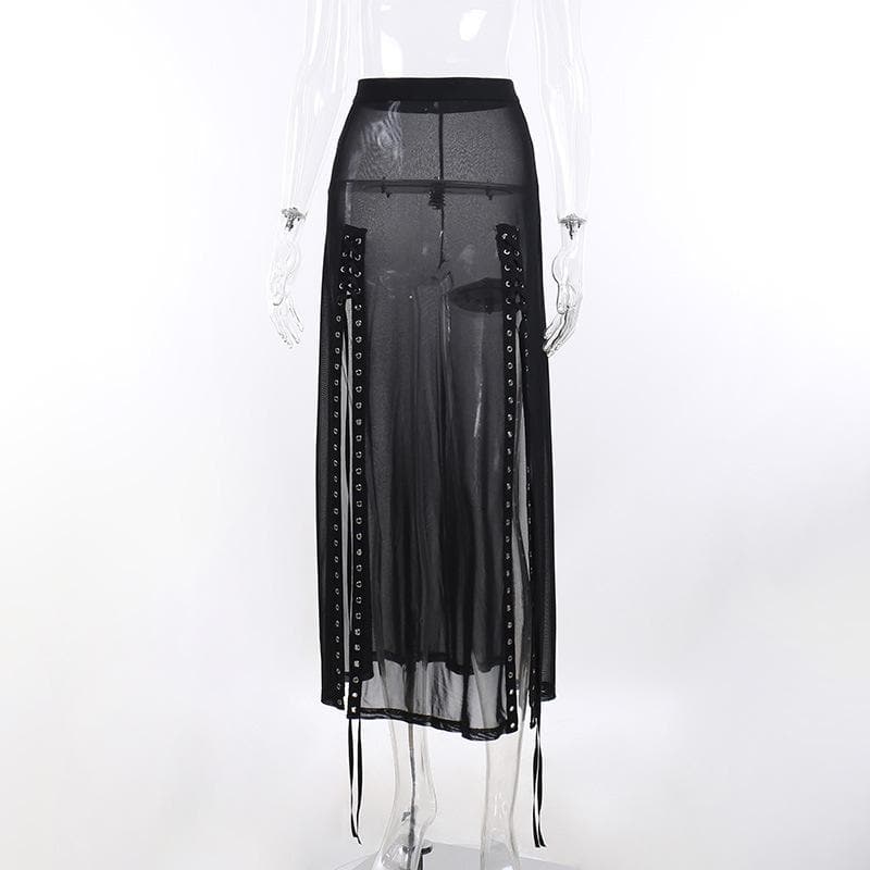 Sheer mesh see through lace up slit solid maxi dress  | samba dress